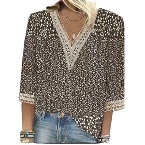 NEW Brown & Cream Allover Print Guipure Lace Blouse